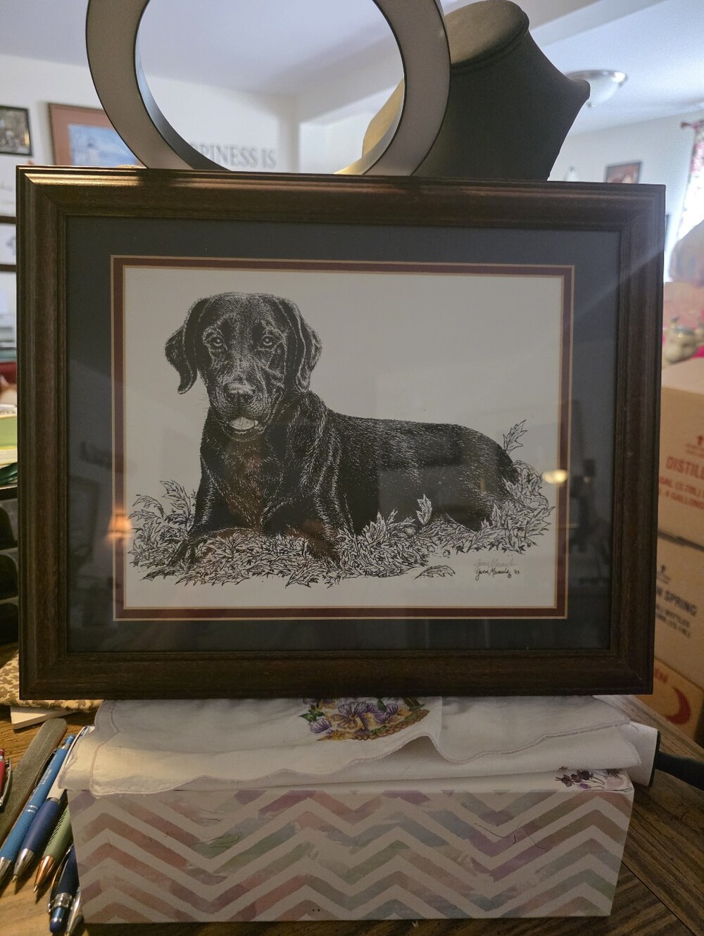 Ink and pencil drawing of a Black Labrador Retriever by Gwen Mamula Dated 1993